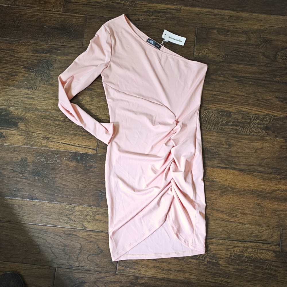 Peach Ruched One Shoulder Mini Dress S